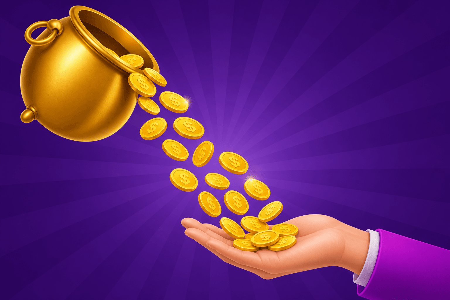 Gold coins flowing from a shared pot into open hands